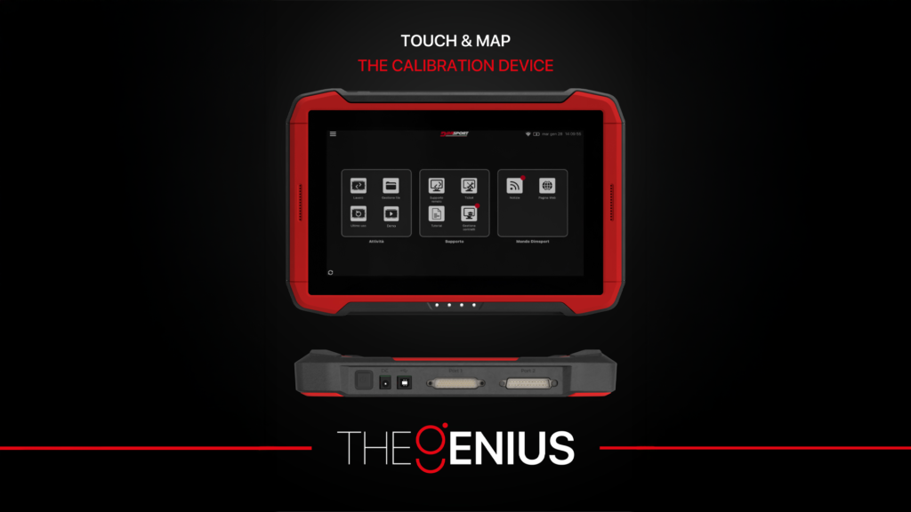 Consola de tuning TheGenius – dispozitiv profesional de calibrare ECU cu ecran tactil, carcasă robustă roșu-negru și interfață digitală pentru programare și mapare auto.
